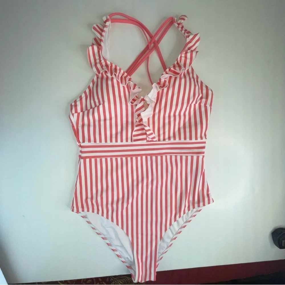 Women's V Neck One Piece Swimsuit Ruffled Back Cross Swimwear Pink White